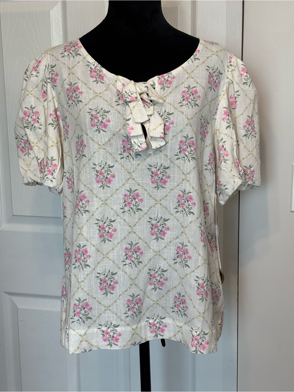 CeCe Ivory White Floral Double Tie-Front Puff Sleeve Pink Yellow Linen Blouse M